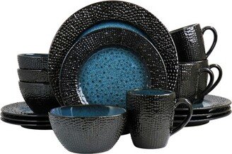 Estevan 16 Piece Round Textured Stoneware Dinnerware Set in Charcoal and Blue