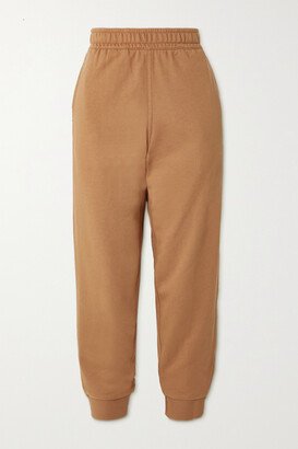 Leather-trimmed Paneled Checked Cotton-jersey Track Pants - Neutrals