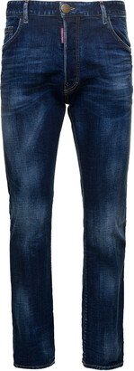 Blue Straight Jeans With Logo Patch And Faded Effect In Stretch Cotton Denim Man-AA