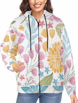 LOSARON Colorful Floral Background Women's Oversized Sweaters Full-Zip Hooded Sweatshirt Zipper Drawstring Hooded Jackets S