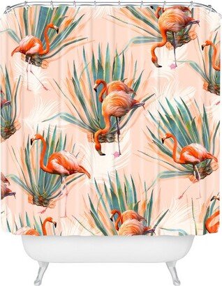 Marta Barragan Camarasa Flamingos with Cactus Shower Curtain Pink