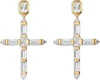 Mixed Cubic Zirconia Cross Drop Earrings in 14K Gold Plated