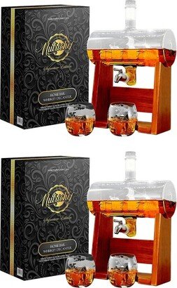 NCGDS08 Home Bar 1100ml Glass Barrel Whiskey and Wine Carafe Alcohol Decanter Set with Spigot, Stopper and Glasses (2 Pack)