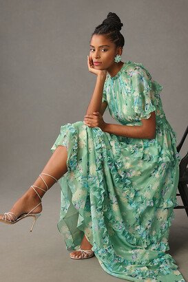 Short-Sleeve Floral Chiffon Ruffled Gown