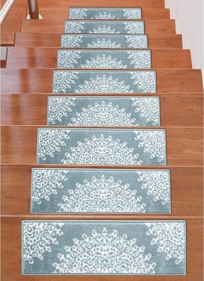 Beverly Rug Indoor Non Slip Carpet Stair Treads w/ Installed Tape 9x28 Medallion Teal / Ivory