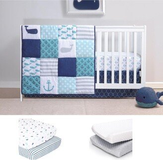 The Nautical 7 Piece Baby Nursery Crib Bedding Set, Quilt, Crib Sheets, Crib Skirt, and Changing Pad Covers - Navy/white/aqua