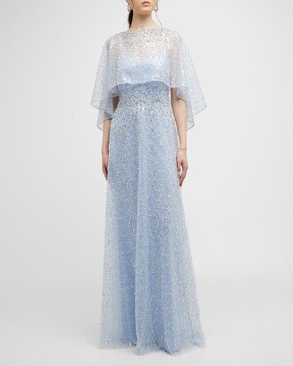 Beaded Mesh Capelet A-line Gown