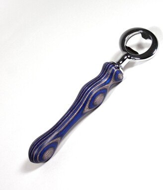 Bottle Opener, Chrome Plated, Blue & Black Birch Veneer, Laminated Wooden Handled