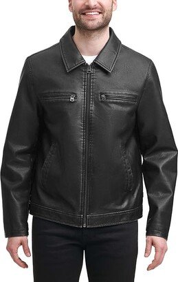 Faux Leather Jacket w/ Laydown Collar (Black) Men's Jacket