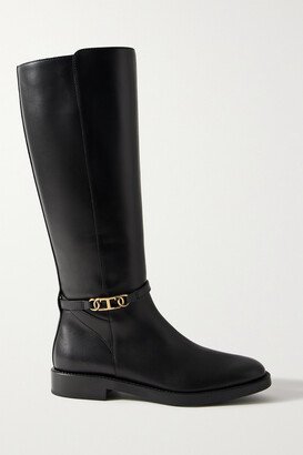 Embellished Leather Knee Boots - Black