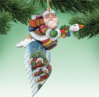 Goose Traveling Santa Wooden Christmas Ornament, Set of 2