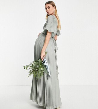 ASOS DESIGN Maternity Bridesmaid pleated flutter sleeve maxi dress with satin wrap waist in olive