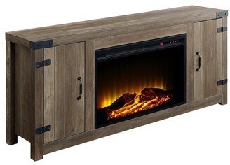 TV Stand and Fireplace with 2 Doors and Metal Brackets, Rustic Brown