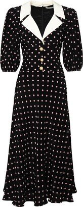 Polka Dot Printed Puff-Sleeved Midi Dress