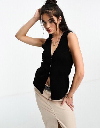 split front knitted vest in black