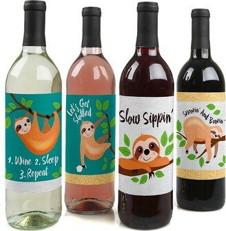 Big Dot Of Happiness Let's Hang - Sloth - Party Decor - Wine Bottle Label Stickers - 4 Ct