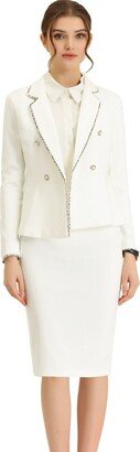 Allegra K Women's Tweed Trim Blazer and Skirt Business Suit Set 2 Pcs White Medium