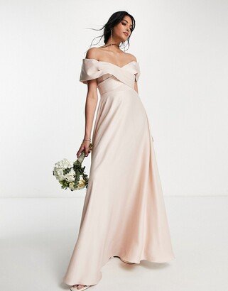 Bridesmaid satin bardot maxi dress with full skirt in blush-AA