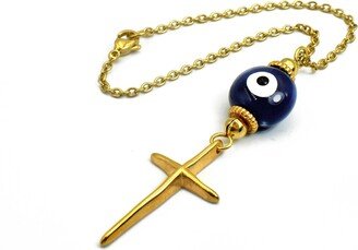 Cross Car Rear View Mirror Charm Hanger, Evil Eye Hanging Accessories Gift With Blue Ceramic Bead