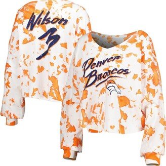 Women's Threads Russell Wilson White, Orange Denver Broncos Off-Shoulder Tie-Dye Name and Number Cropped Long Sleeve V-Neck T-shirt - White,