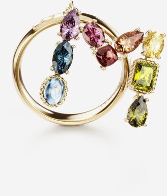 Rainbow alphabet M ring in yellow gold with multicolor fine gems