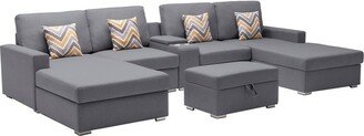 Lilola Home Nolan Linen Fabric 6Pc Double Chaise Sectional Sofa w/ Interchangeable Legs, Storage Ottoman & Console, USB Ports, Cupholders