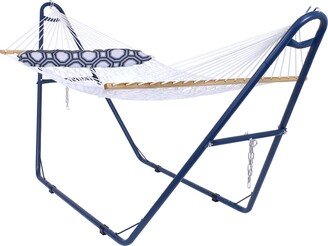 Sunnydaze Decor Sunnydaze 2-Person Spreader Bar Rope Hammock with Pillow with Blue Stand - 12-Foot