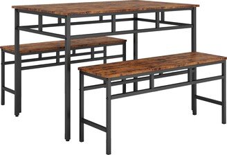 3Pieces Industrial Style Dining Table Set with 1 Table and 2 Benches