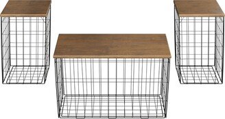 Set of 3 Living Room Tables - Metal Basket Storage with Removable Lids