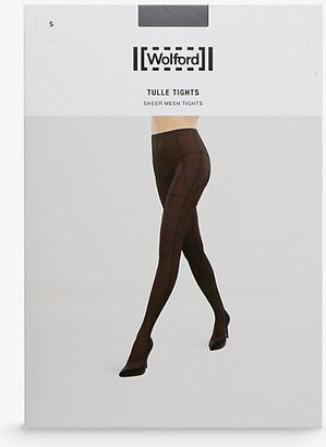 Womens Black Mesh-texture Mid-rise Stretch-woven Tights