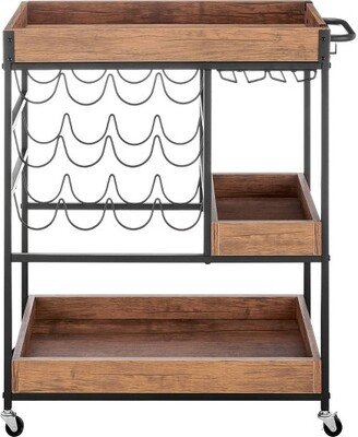 12 Bottles Rustic Walnut Wood and Metal Rolling Farmhouse Style Bar Cart Brown/Black