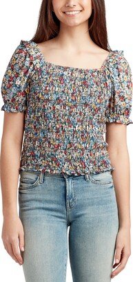 Juniors' Floral-Print Smocked Ruffled-Shoulder Top