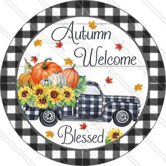 Autumn Welcome Sign - Plaid Truck Fall Wreath Metal