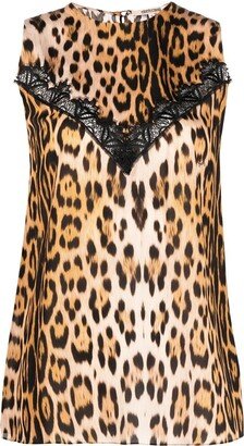 Leopard-Print Lace-Trim Blouse