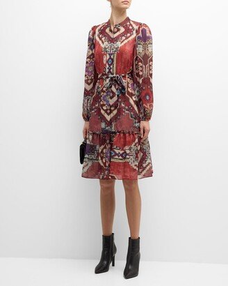 Candace Ikat-Print Belted Long-Sleeve Tiered Dress