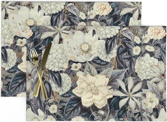 Blue Placemats | Set Of 2 - Shade Floral By Andrea Haase Design Grey Flowers Vintage Nature Cloth Spoonflower