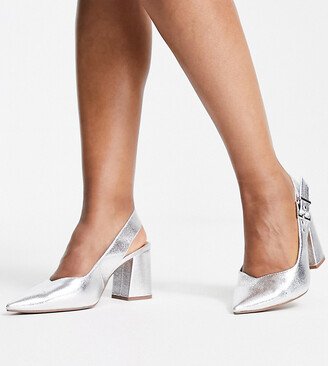 Wide Fit West slingback block heeled shoes in silver