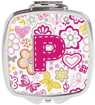 CJ2005-PSCM Letter P Flowers & Butterflies Pink Compact Mirror