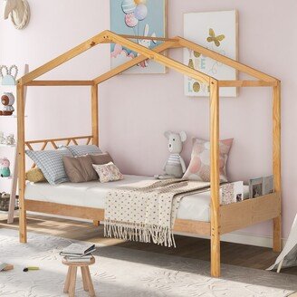 CTEX Twin Size Wood Kid's Bed with House-Shaped Frame, Wood Slats and Underneath Storage Space