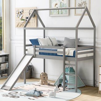 GREATPLANINC Twin Size House Loft Bed with Slide&Ladder, House-Shaped Solid Wood Bedframe with Safety Guardrail & Under Bed Storage, for Kids