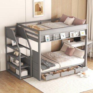 EDWINRAY Stylish Wood Full Size Convertible Bunk Bed with Storage Staircase and Drawers, Grey