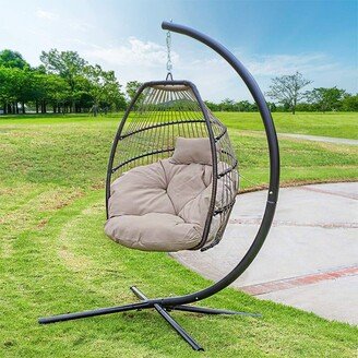 Patio Wicker Hammock Chair Swing Egg Chair with Cushion & Stand - 45 L x 34 W x 75 H