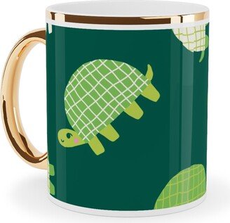 Mugs: Turtles - Green Ceramic Mug, Gold Handle, 11Oz, Green