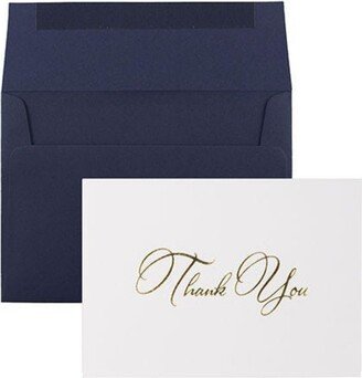 Jam Paper Thank You Card Sets - White Card with Gold-Tone Script Navy Blue Envelopes - 25 Cards and Envelopes