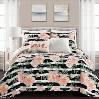 Amara Watercolor Rose 5 Piece Quilt Set, King - Black, Dusty Rose