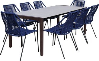 9 Piece Dining Set with Super Stone Top and Fishbone Weaving, Blue