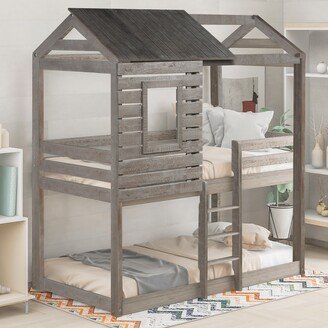 GEROJO Full Size Wood House Bed with Fence & Chimney, Playhouse Design-AA