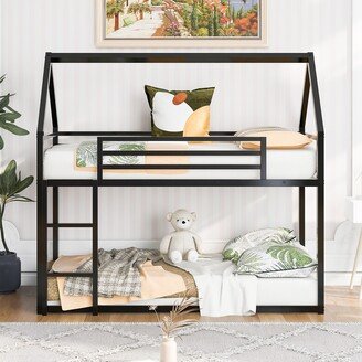 Calnod Twin Over Twin Metal House Bunk Bed with Built-in Ladder & Guardrail