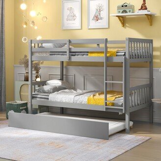 TOSWIN Detachable Twin over Twin Bunk Bed with Trundle, Solid Wood Bed Frame with Safe Rail & Ladder, Bedroom, Guest Room Furniture