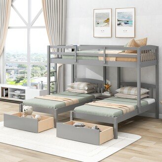 Calnod Twin over Twin & Twin Bunk Bed with Two Drawers and Built-in Middle Drawer Suitable for Three People